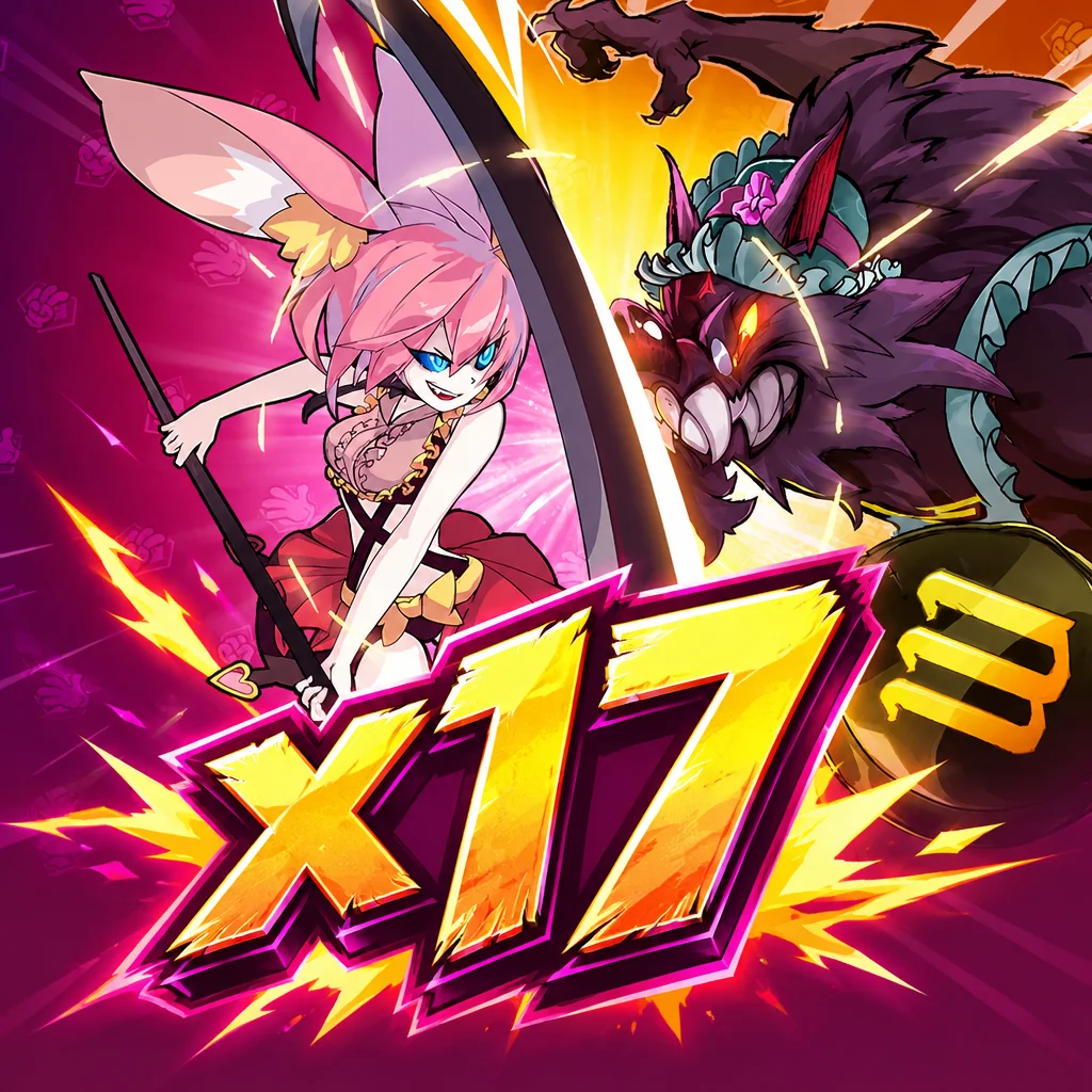 Ilustrasi pertarungan karakter gadis bertelinga kelinci dan serigala bertopi nenek dari Hood vs Wolf di x17